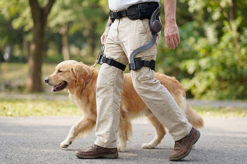 Close-up of the AI exoskeleton worn on the legs