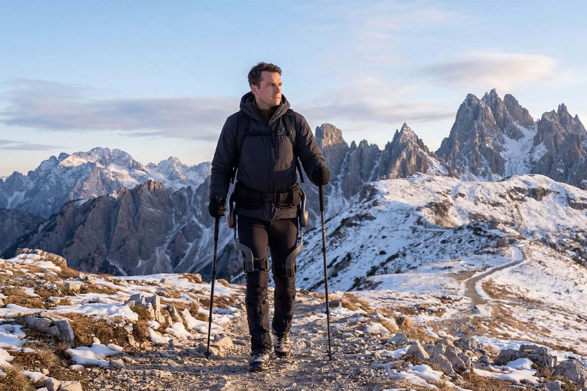 Hiker walking in the mountains wearing an AI exoskeleton