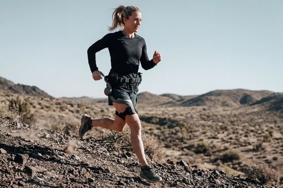 Trail runner wearing an AI exoskeleton